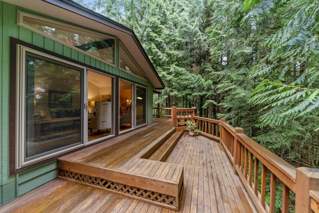 Clean wooden deck outside a home